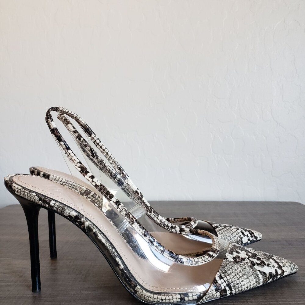 Zara Snakeskin Clear Pointed Toe Slingback Stiletto Heels Black/Cream Womens 10